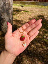 Load image into Gallery viewer, Opal Sweet Guardian – Rhinestone Strawberry & Opal Butterfly Necklace | Wire Wrapped Charm for Transformation & Joy