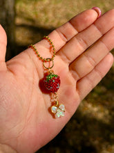 Load image into Gallery viewer, Opal Sweet Guardian – Rhinestone Strawberry & Opal Butterfly Necklace | Wire Wrapped Charm for Transformation & Joy