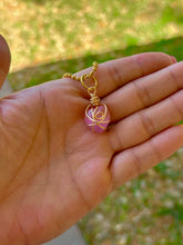 Load image into Gallery viewer, Glass Rose Quartz Celestial Heart Guardian Necklace – Wire Wrapped Swirl Pendant | Pink Love & Healing Energy