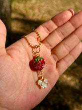 Load image into Gallery viewer, Opal Sweet Guardian – Rhinestone Strawberry & Opal Butterfly Necklace | Wire Wrapped Charm for Transformation & Joy