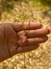 Load image into Gallery viewer, Blushing Heart Guardian – Rose Quartz Glass Crystal Heart Necklace | Wire Wrapped Charm for Love & Healing