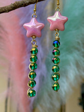 Load image into Gallery viewer, Pink Star & Green Crystal Shooting Star Earrings 🌠