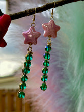 Load image into Gallery viewer, Pink Star & Green Crystal Shooting Star Earrings 🌠