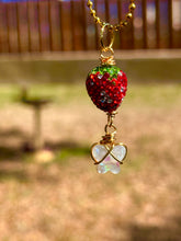 Load image into Gallery viewer, Opal Sweet Guardian – Rhinestone Strawberry & Opal Butterfly Necklace | Wire Wrapped Charm for Transformation & Joy