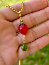 Load image into Gallery viewer, Verdant Sweet Guardian – Peridot Crystal Strawberry Fairy Necklace | Wire Wrapped Charm for Growth & Joy