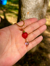 Load image into Gallery viewer, Blushing Sweet Guardian – Lampwork Strawberry & Pink Crystal Heart Necklace | Wire Wrapped Charm for Love & Joy