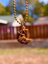 Load image into Gallery viewer, Golden Guardian Crescent-Tiger’s Eye Moon Necklace | Hand Wire Wrapped Swirl Pendant for Strength & Protection