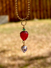 Load image into Gallery viewer, Blushing Sweet Guardian – Lampwork Strawberry & Pink Crystal Heart Necklace | Wire Wrapped Charm for Love & Joy