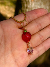 Load image into Gallery viewer, Blushing Sweet Guardian – Lampwork Strawberry & Pink Crystal Heart Necklace | Wire Wrapped Charm for Love & Joy