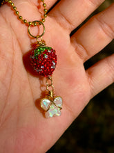 Load image into Gallery viewer, Opal Sweet Guardian – Rhinestone Strawberry & Opal Butterfly Necklace | Wire Wrapped Charm for Transformation & Joy