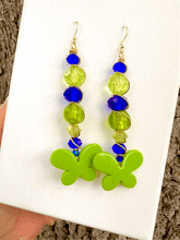 Load image into Gallery viewer, Green Butterfly and Glass Sapphire Earrings
