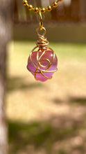 Load image into Gallery viewer, Glass Rose Quartz Celestial Heart Guardian Necklace – Wire Wrapped Swirl Pendant | Pink Love &amp; Healing Energy
