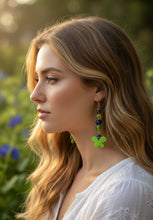 Load image into Gallery viewer, Green Butterfly and Glass Sapphire Earrings
