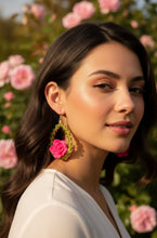Load image into Gallery viewer, 🌸 Enchanted Rose and Crackel Quartz Hoop Earrings 🌿
