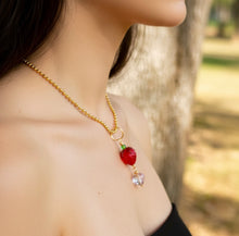 Load image into Gallery viewer, Blushing Sweet Guardian – Lampwork Strawberry &amp; Pink Crystal Heart Necklace | Wire Wrapped Charm for Love &amp; Joy
