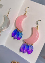 Load image into Gallery viewer, Light Pink Resin Moon and Purple Blue Glass Feather Earrings
