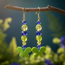 Load image into Gallery viewer, Green Butterfly and Glass Sapphire Earrings
