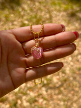 Load image into Gallery viewer, Blushing Heart Guardian – Rose Quartz Glass Crystal Heart Necklace | Wire Wrapped Charm for Love &amp; Healing
