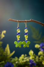 Load image into Gallery viewer, Green Butterfly and Glass Sapphire Earrings
