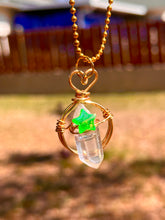 Load image into Gallery viewer, Aura Quartz &amp; Green Star Guardian Necklace-Gold Heart Wire Wrapped Crystal Pendant | Celestial Fairycore Jewelry
