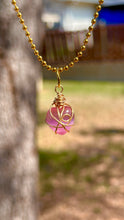 Load image into Gallery viewer, Glass Rose Quartz Celestial Heart Guardian Necklace – Wire Wrapped Swirl Pendant | Pink Love &amp; Healing Energy
