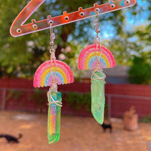 Load image into Gallery viewer, Wire wrapped Green Aura Quartz Kawaii Rainbow Earrings

