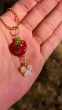 Load and play video in Gallery viewer, Opal Sweet Guardian – Rhinestone Strawberry &amp; Opal Butterfly Necklace | Wire Wrapped Charm for Transformation &amp; Joy
